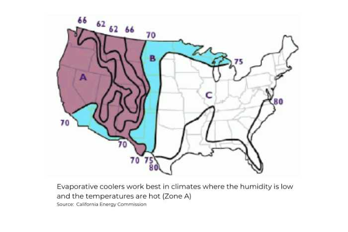 Map provided by California Energy Commission showing where swamp coolers work best 