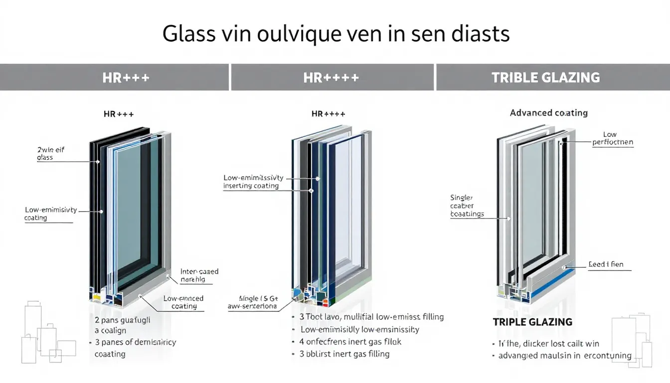 De afbeelding toont een vergelijking van verschillende glassoorten, waaronder HR++, HR+++ en triple glas, met nadruk op hun isolatiewaarden en energiebesparende voordelen. Deze informatie is relevant voor het kiezen van nieuwe kunststof kozijnen die uitstekende isolatie bieden en kan helpen bij het berekenen van de gemiddelde kosten van kunststof kozijnen.