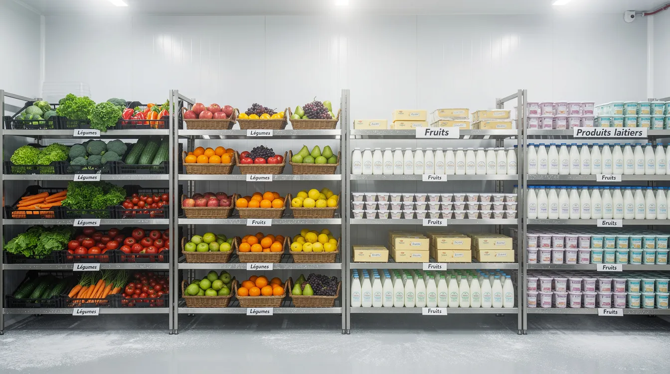 Dans une chambre froide positive, des étagères en inox sont remplies de légumes frais, de fruits colorés et de produits laitiers, assurant ainsi une conservation optimale des denrées alimentaires. L'image illustre l'importance de l'hygiène et de la qualité des aliments dans le secteur de la restauration.