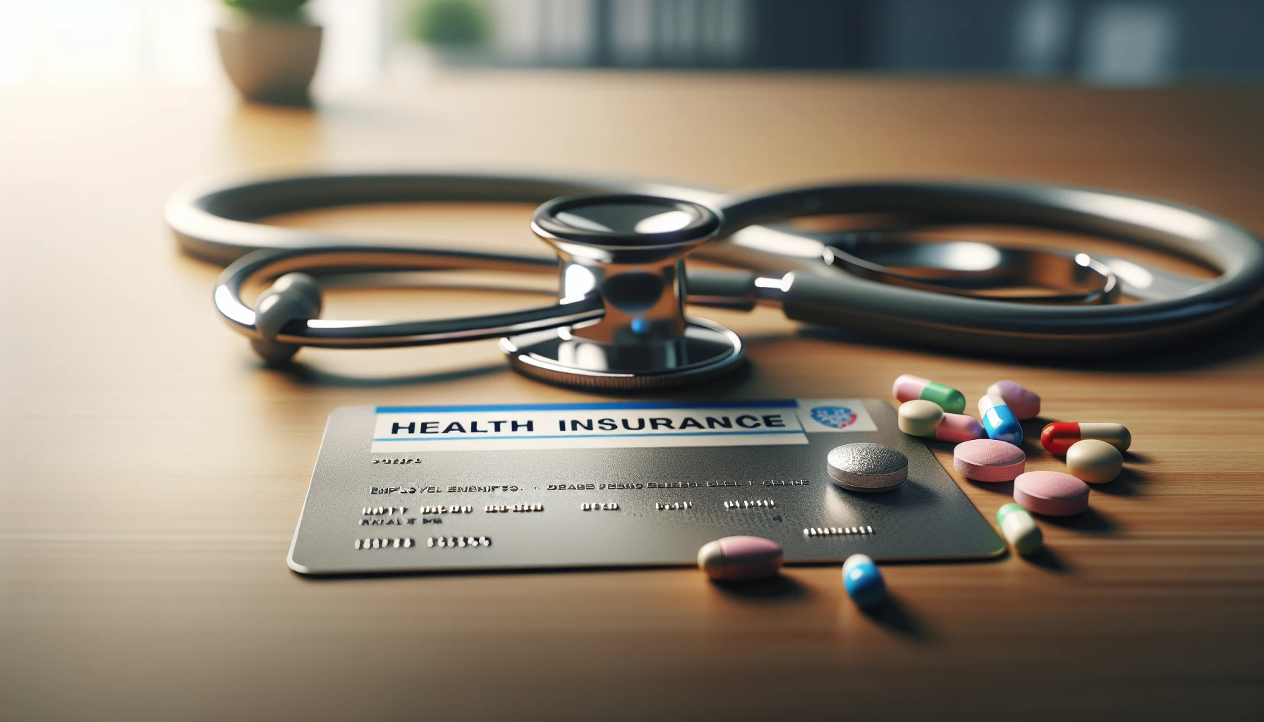 Health insurance card with stethoscope and pills