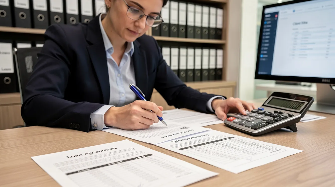eb2cdfec 931c 4bf3 b983 32aca27a6dbe A bank officer is seated at a desk, meticulously reviewing loan documents and quotations while using a calculator. The scene reflects the process of evaluating business loan applications, likely for micro and small enterprises, as part of a financial institution's lending procedures.
