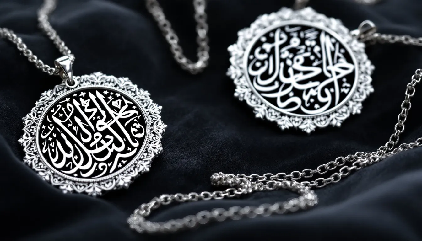 The image showcases exquisite Arabic calligraphy sterling silver necklaces, highlighting their elegant design and intricate craftsmanship. These beautiful pieces of Arabic jewelry embody a unique blend of style and meaning, making them perfect accessories for those who appreciate the enduring spirit of cultural artistry.