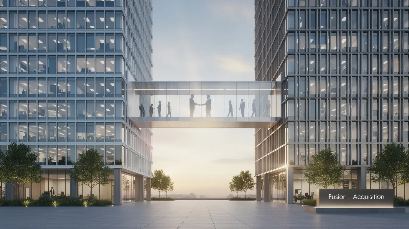 L'image montre deux bâtiments d'entreprise modernes reliés par un pont, symbolisant une fusion ou acquisition. Cette représentation évoque des concepts de croissance externe et de stratégie de développement pour améliorer la compétitivité et la part de marché des entreprises impliquées.