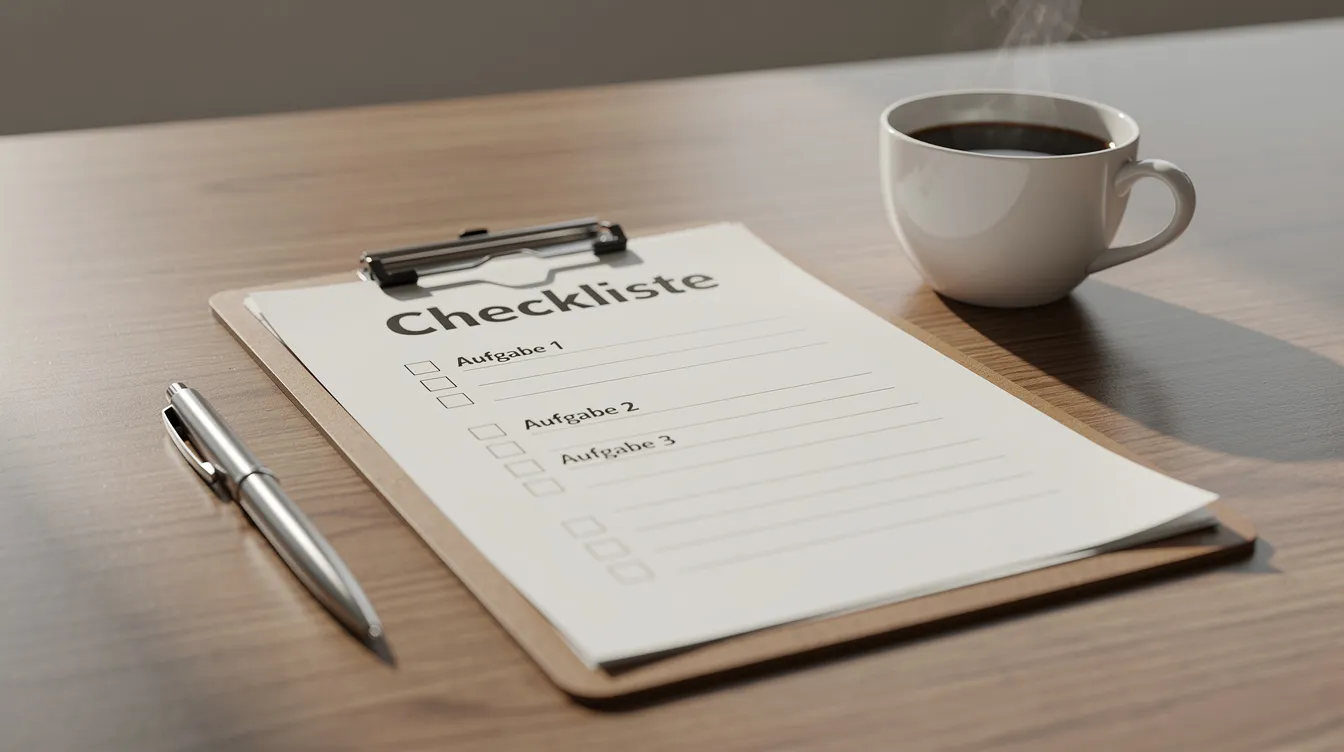 Auf einem Schreibtisch liegt eine Checkliste auf einem Klemmbrett, daneben befinden sich ein Kugelschreiber und eine Tasse Kaffee. Diese Szene vermittelt ein Gefühl von Organisation und Vorbereitung, möglicherweise für Projekte oder die Kündigung bei der deutschen Fernsehlotterie.