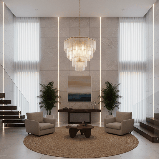 Tiered geometric crystal chandelier hanging in a double-height sitting area with a warm gold frame.