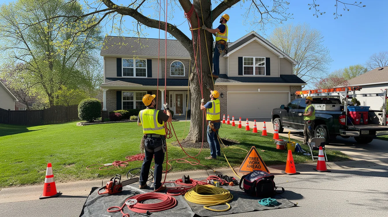 A professional crew is seen rigging ropes around a large tree near a residential home, with safety cones and various equipment in the foreground, emphasizing their commitment to safe tree removal and expert tree care services. The scene highlights the importance of proper tree maintenance in residential areas.