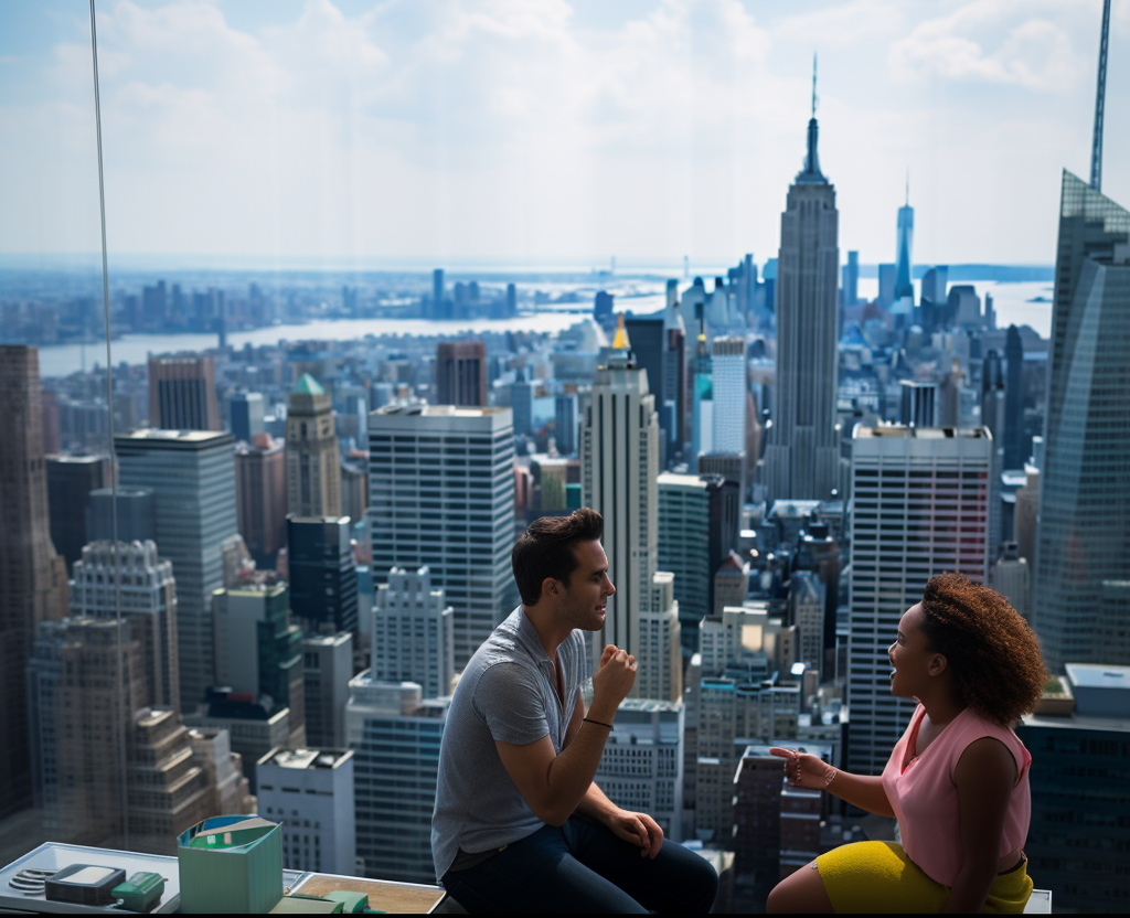 Male and female therapists collaboratively addressing challenges in their supervision relationship at the Schema Therapy Training Center of New York, with the backdrop of New York City's skyline.