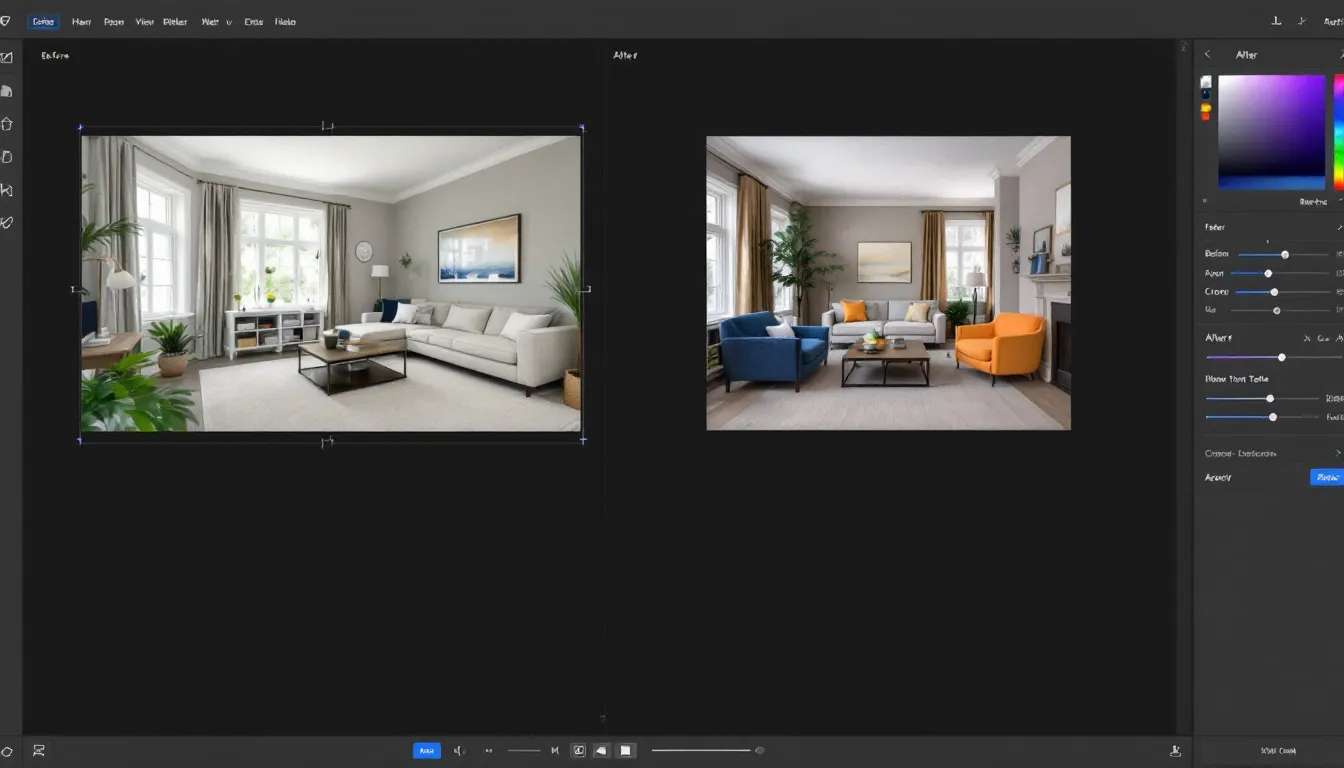 A imagem mostra uma interface de software de edição de fotografias imobiliárias, destacando uma comparação de antes e depois de uma foto de um imóvel. A transformação evidencia a melhoria na qualidade da imagem, essencial para anúncios no mercado imobiliário.