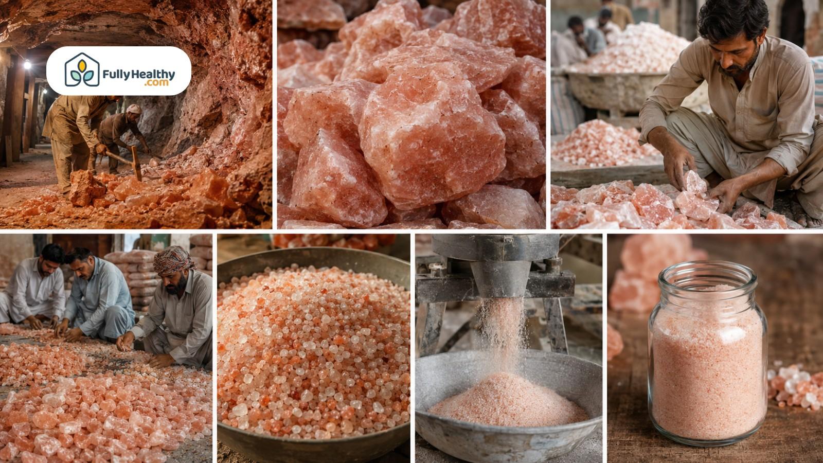 Visual process showing Himalayan pink salt mined, sorted, ground, and packed in a jar