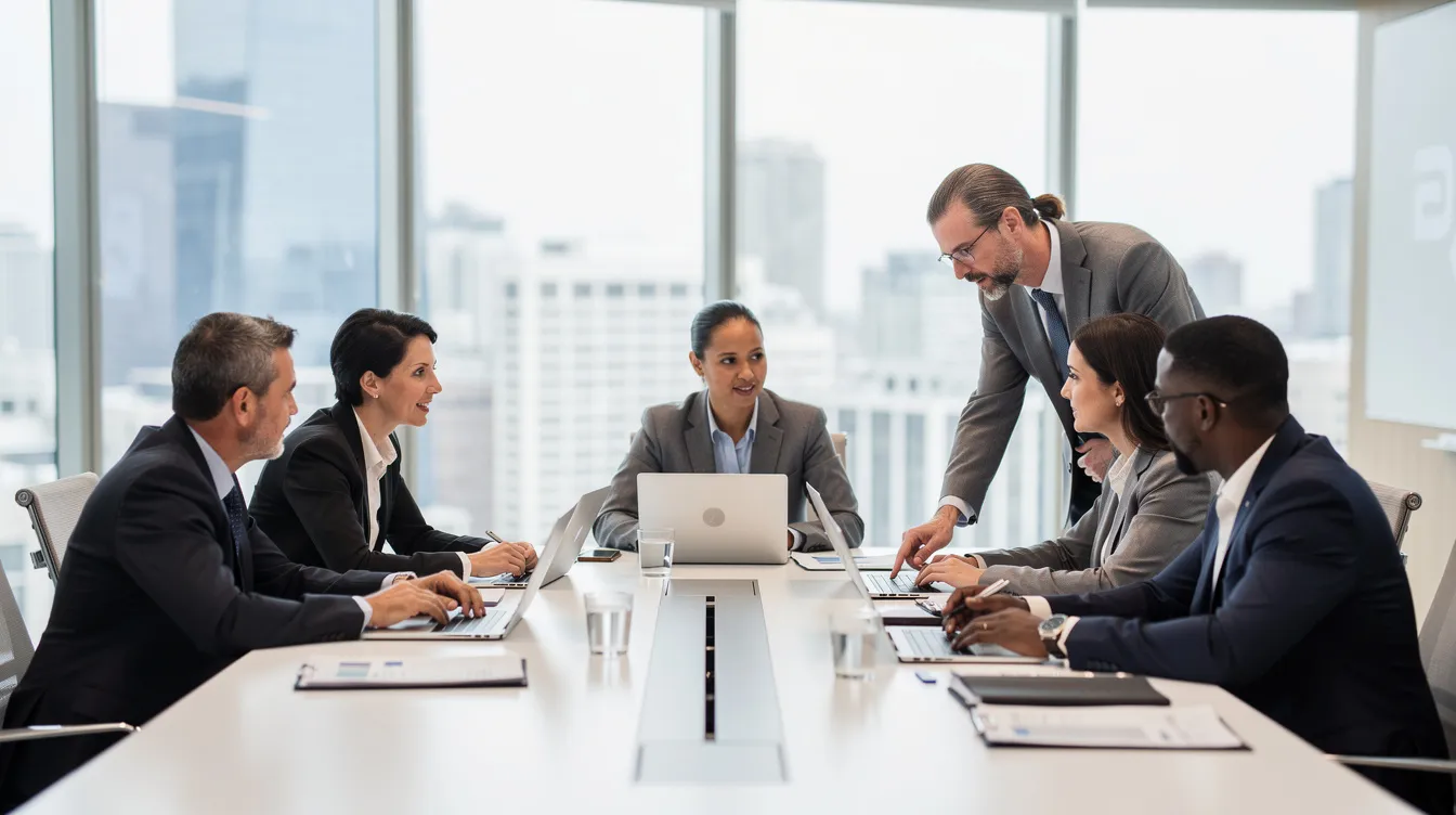 The image depicts a diverse group of business professionals collaborating around a conference table, each engaged with their laptops as they discuss strategies for effective cold email outreach. This scene highlights teamwork and communication among sales teams, focusing on creating impactful cold email templates to engage their target audience.