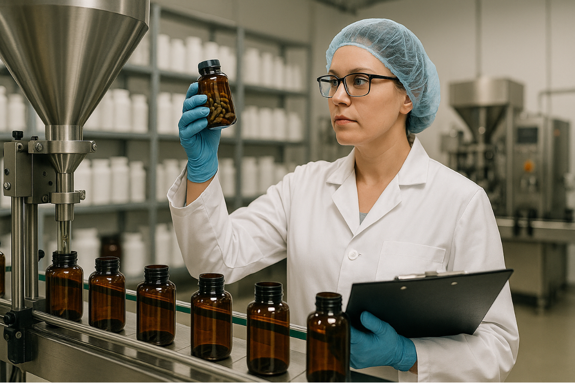 Supplement manufacturing technician inspecting capsule-filled bottle for quality control compliance