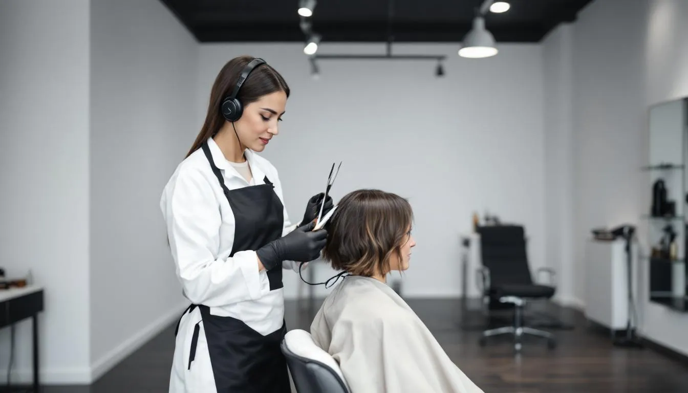 Una peluquera profesional está cortando el cabello a una clienta en un salón moderno, con un ambiente elegante y bien iluminado. El espacio refleja la actividad de las peluquerías, donde se ofrecen servicios de belleza y se generan ingresos que están sujetos a impuestos como el IVA y el impuesto a la renta.