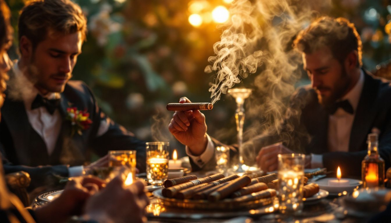 A group of friends enjoying cigars during a summer gathering.