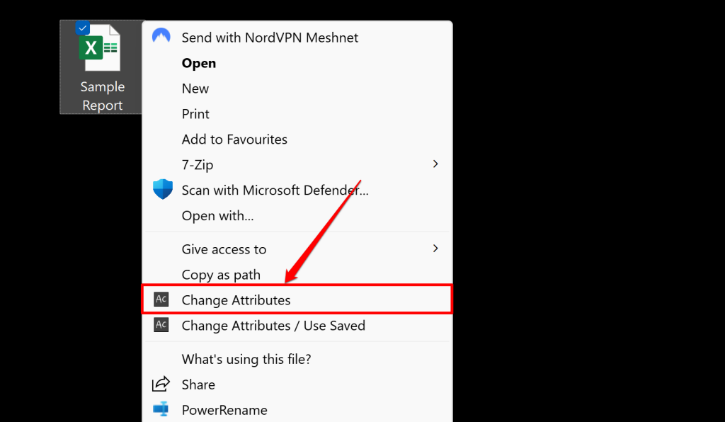 "Change Attributes" highlighted in the context menu for an Excel document 