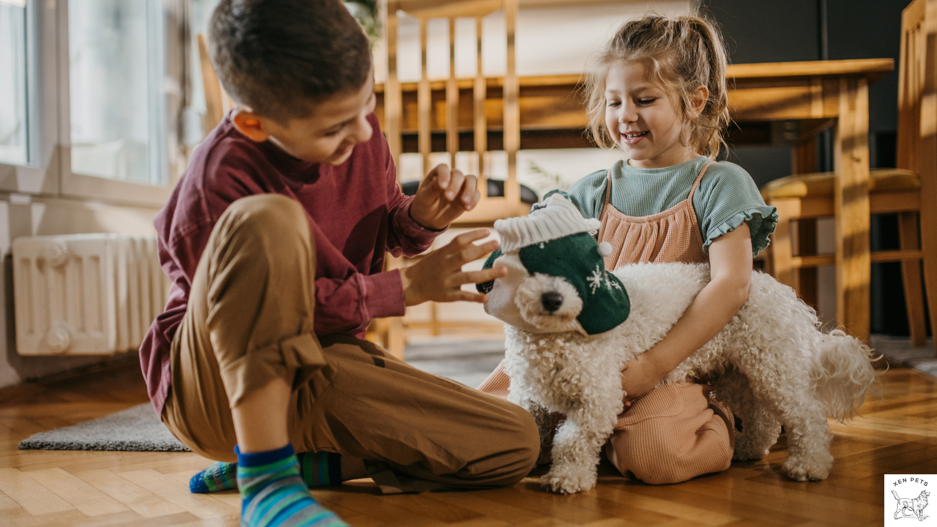 two kids playing with a white dog