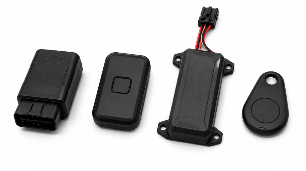 Four types of GPS trackers including OBD-II plug-in, hardwired, portable magnetic, and Bluetooth tracker