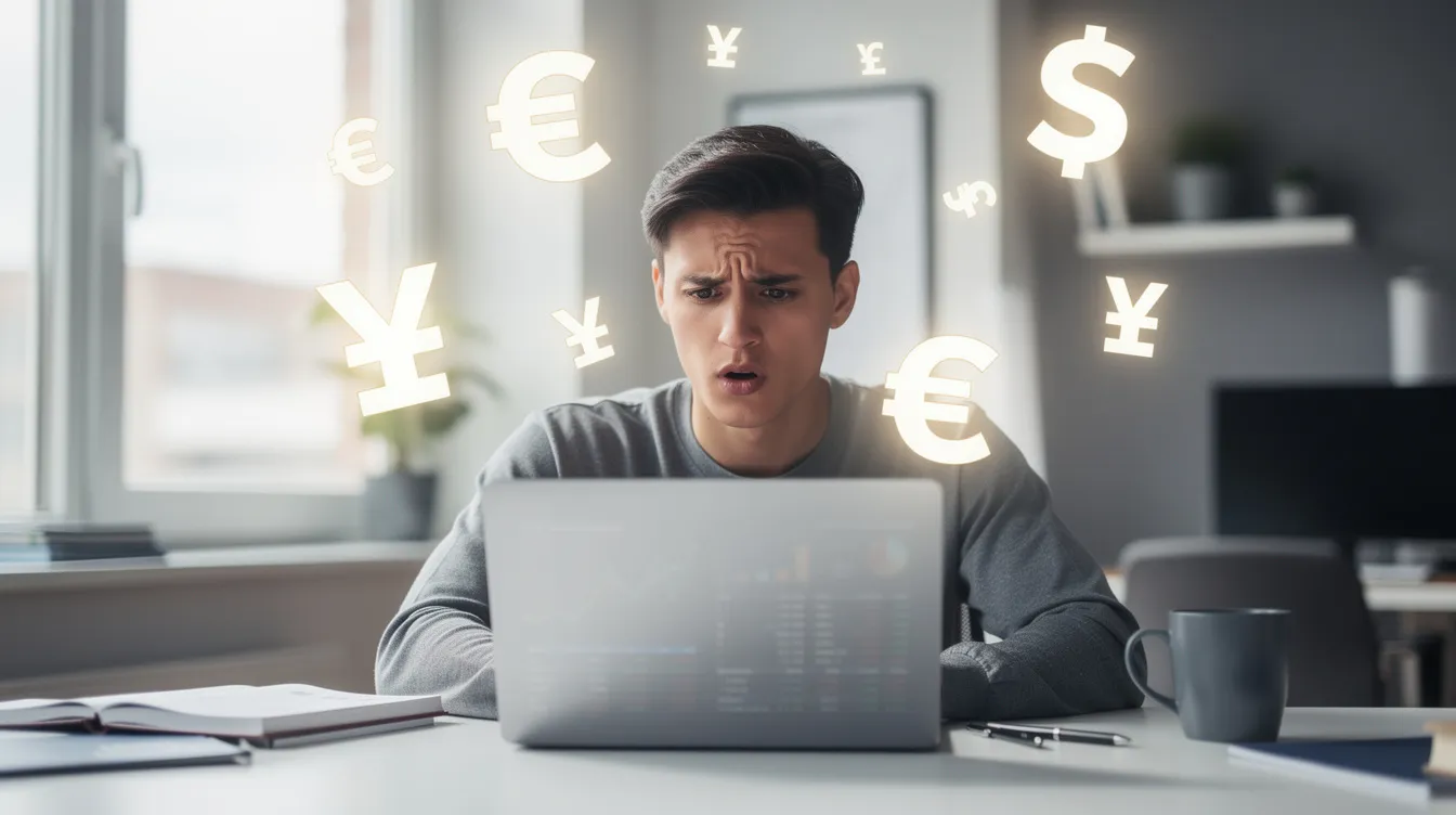 A person sits at a desk, looking worried while staring at a laptop screen, surrounded by floating symbols of various world currencies. This scene reflects the concerns many face regarding international money transfers, including issues like exchange rates and hidden fees.