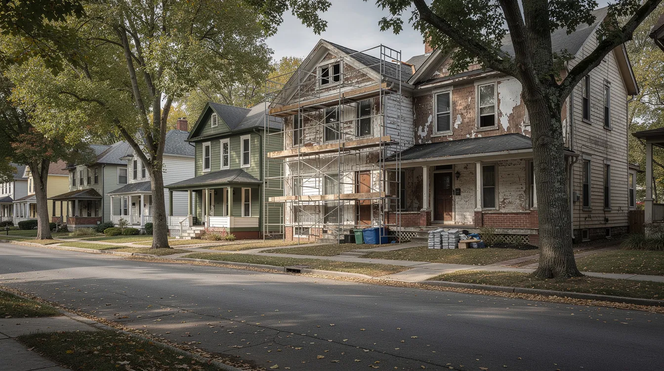 The image depicts a row of older residential houses lining a quiet street, with one house prominently wrapped in scaffolding, indicating it is undergoing renovation. This scene reflects the potential for real estate investment, where properties may require financing options like hard money loans for renovation projects.