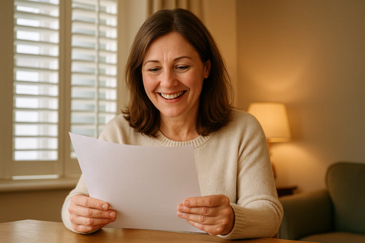 Customer reading a guarantee with plantation shutters in a UK home