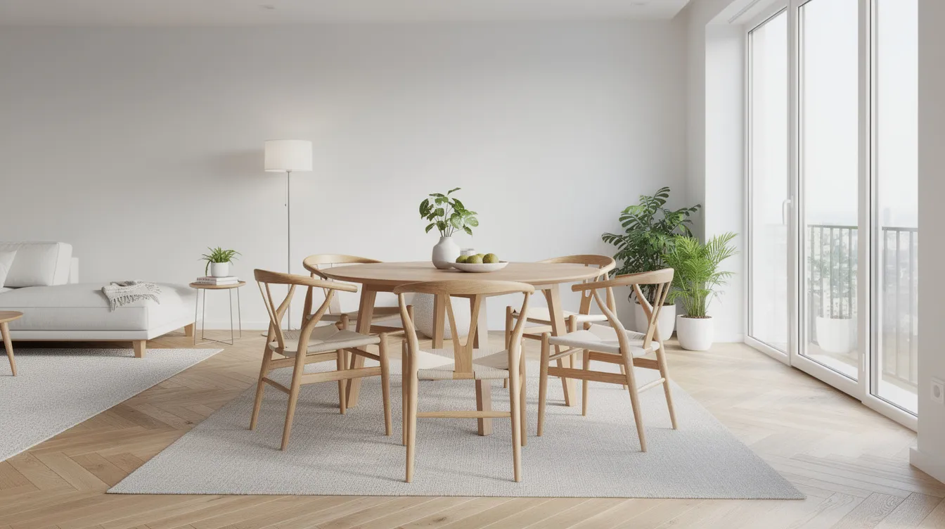 En rund matbord i trä med fyra stolar står i ett ljust vardagsrum, vilket skapar en inbjudande matplats för många personer. Bordet, som har en diameter på 120 cm, passar bra in i rummets stil och ger en bra lösning för både vardag och gäster.
