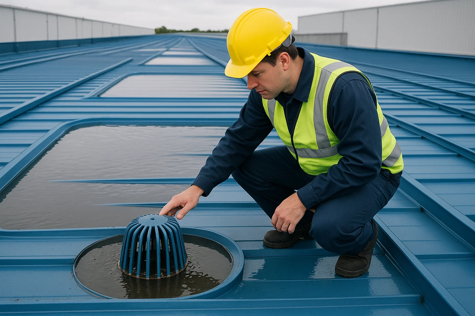 Roofing specialist inspecting water retention and drainage controls on a blue roof system.