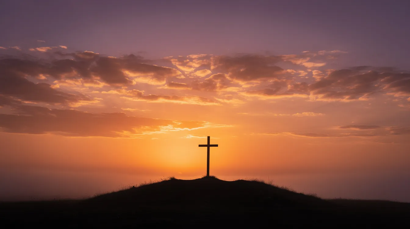 The image features the silhouette of a simple T-shaped cross against a breathtaking sunset sky, filled with vibrant orange and purple clouds, evoking the themes of ancient Roman crucifixion and the death of Jesus Christ. This striking visual symbolizes the profound impact of crucifixion in the context of Christian tradition and the Roman Empire.