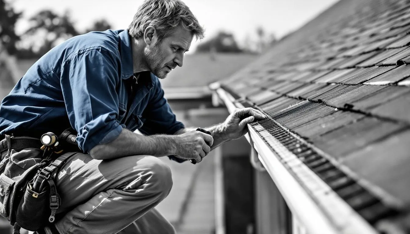 A worker performing maintenance on gutter guards.