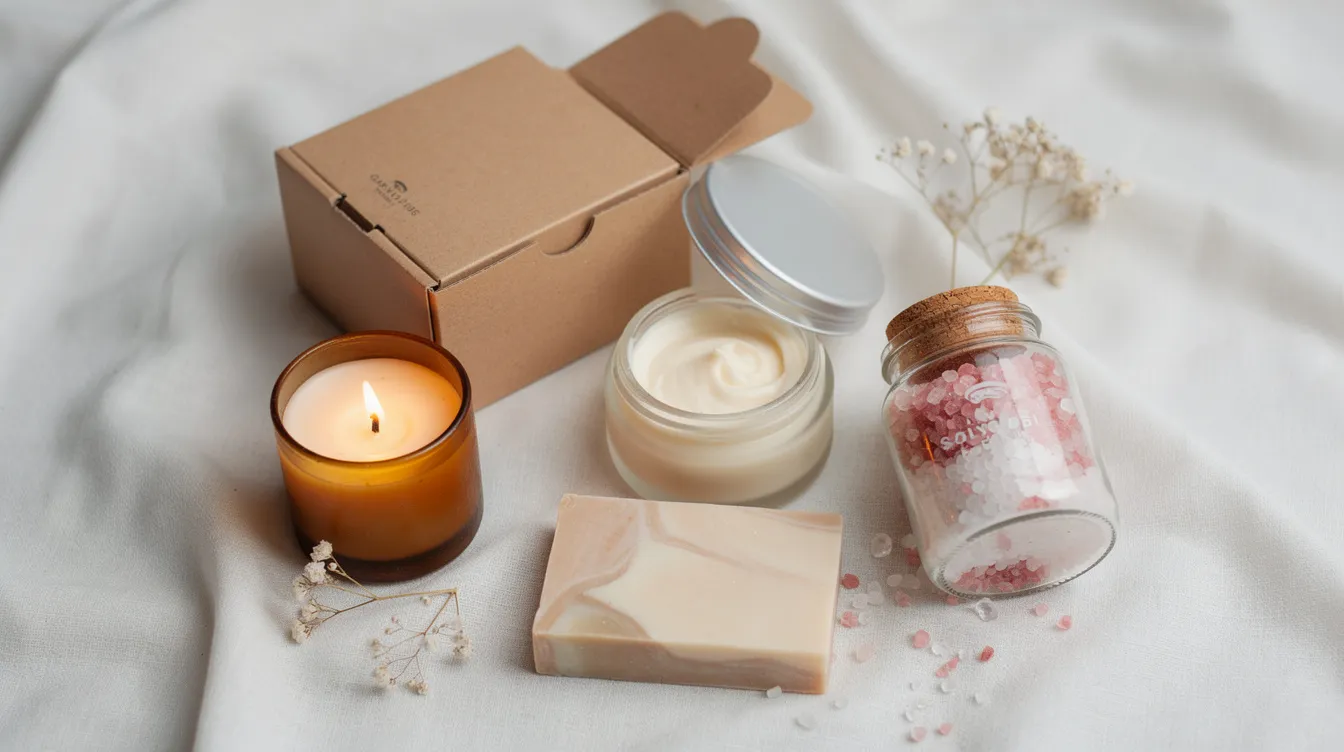 A beautifully arranged spa gift box sits on soft white fabric, featuring a lit candle, a jar of body butter, a soap bar, and bath salts, making it the perfect Mother's Day gift basket to pamper mom and create an unforgettable moment of relaxation.