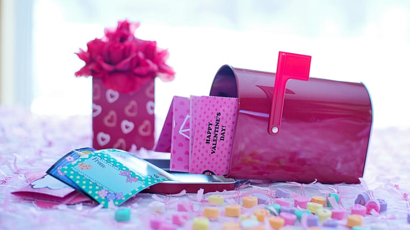 Valentine's Day care package with handwritten note 
