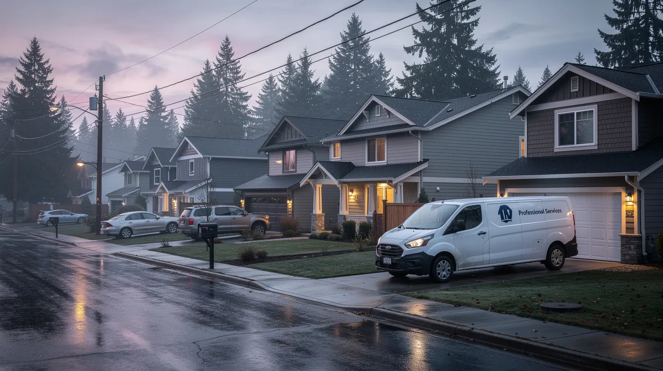 The image depicts a quiet residential street in a Pacific Northwest suburb at dusk, with a professional service van parked in a driveway, ready to assist with any plumbing emergencies. The scene suggests a neighborhood where residents may rely on emergency plumbing services for issues like burst pipes or sewage backups.
