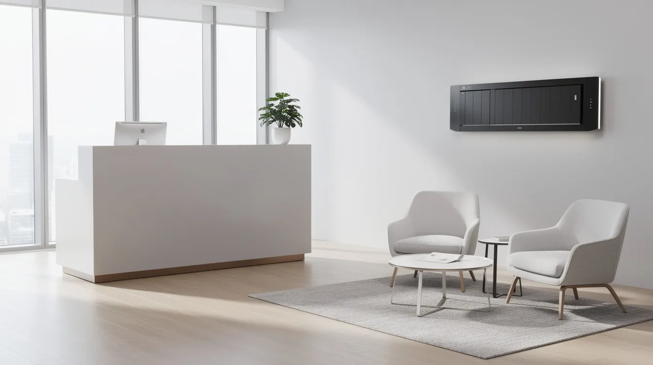 The image depicts a clean and modern office reception area featuring a slim wall-mounted electronic storage unit designed for secure storage of personal devices. Adjacent to the unit is a comfortable seating area, providing a welcoming environment for visitors and guests.