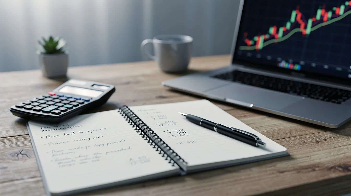 The image features a calculator and a notebook positioned on a desk beside a laptop displaying financial charts, suggesting a workspace focused on managing an IPTV reseller business. This setup indicates a professional environment for tracking IPTV subscriptions and analyzing reseller panel performance.