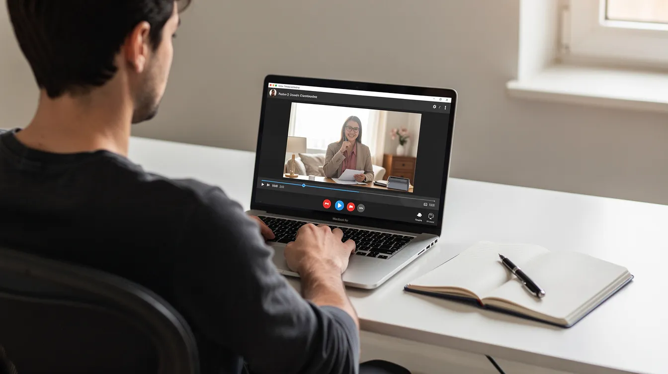 The image shows a person sitting at a desk with an open laptop displaying a video player, alongside a notebook and pen, suggesting they are engaged in watching educational videos or taking notes. This setup is ideal for those looking to transcribe YouTube videos or summarize key points from video content.