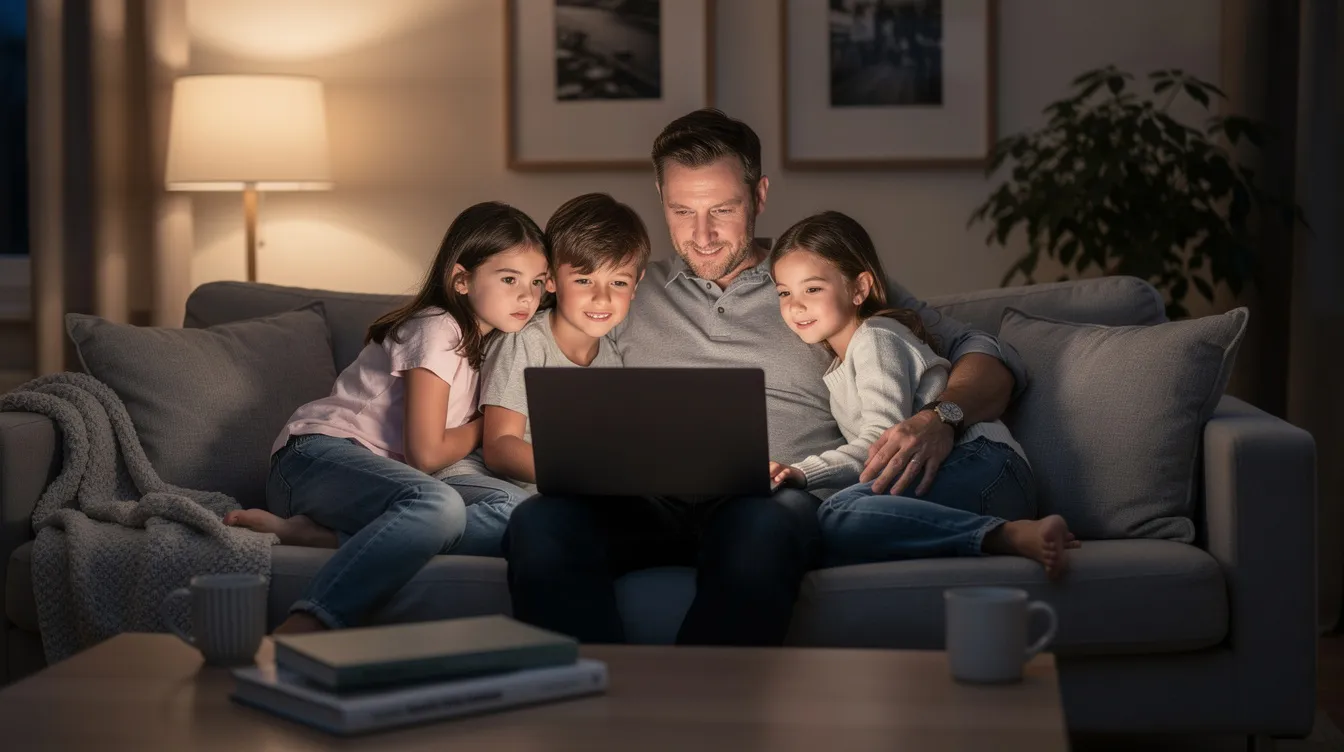 A family is seated together on a cozy couch in their living room, attentively gazing at a laptop screen as they engage in an online therapy session. Their calm expressions reflect a supportive environment, highlighting the importance of mental health care and family therapy in addressing mental health needs.
