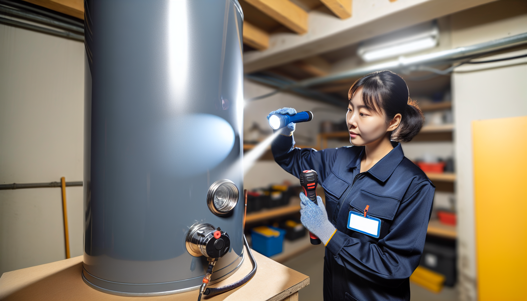 Technician inspecting water heater