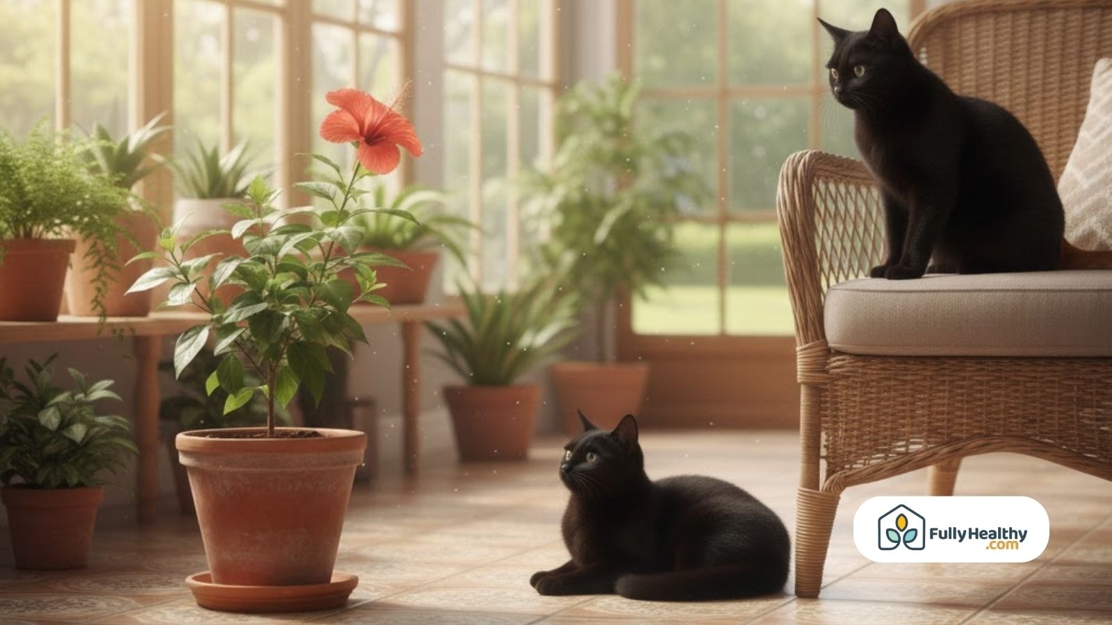 Two black cats sitting near potted houseplants and a hibiscus plant in a bright sunroom.