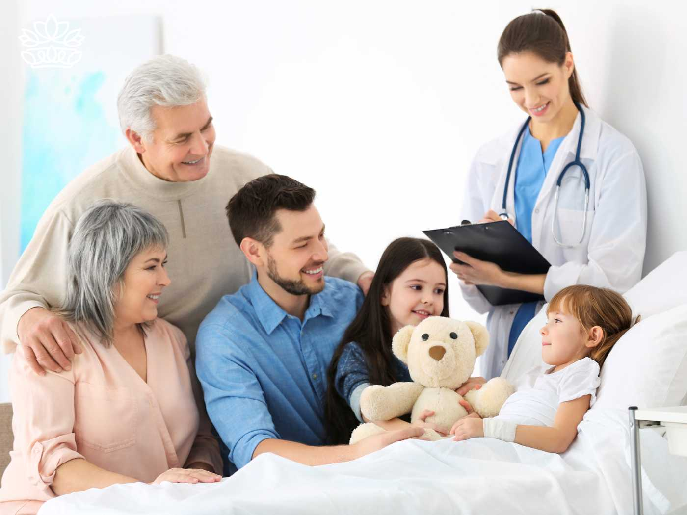 A multi-generational family surrounding a young girl in a hospital bed, with a nurse attending to them, illustrating a private and supportive environment as they journey through a significant life event. This scene captures the care provided to loved ones in private settings. Part of the Hospital Flower and Gift Delivery Collection. Fabulous Flowers and Gifts.