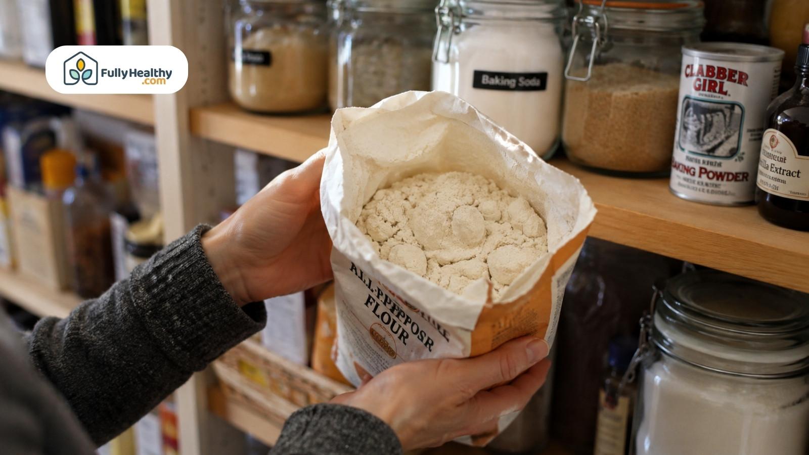 Person checking clumpy all-purpose flour in open bag on pantry shelf