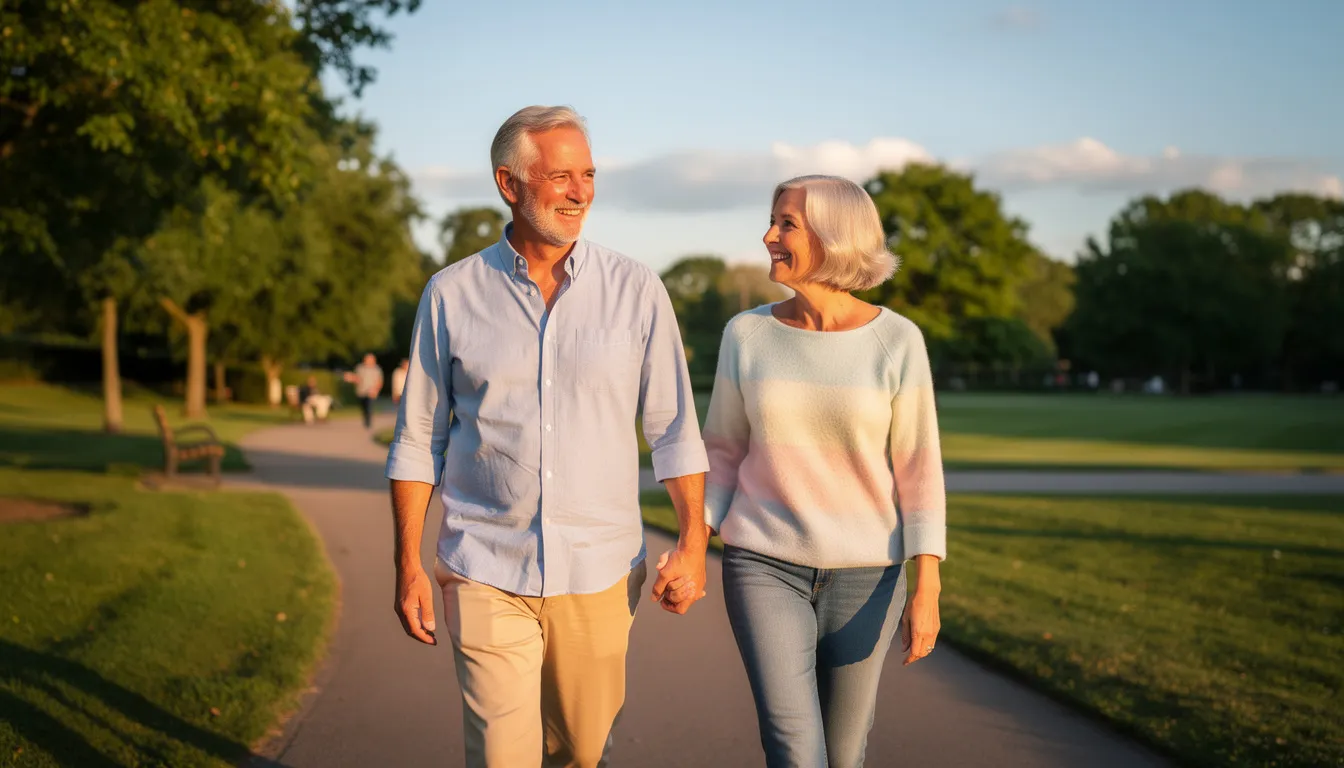 A confident retired couple strolls together in a sunlit park, enjoying their time outdoors. They embody the essence of financial planning, having effectively navigated their financial journey to achieve their retirement goals.