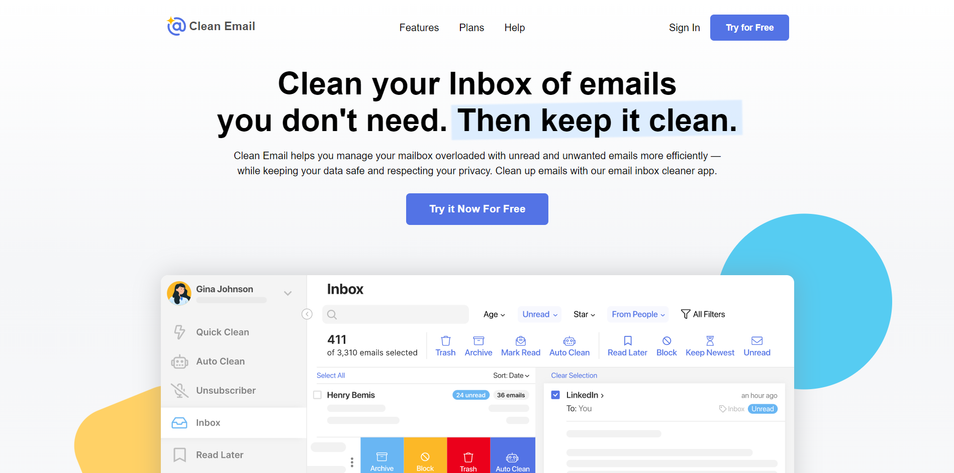 Clean Email main page