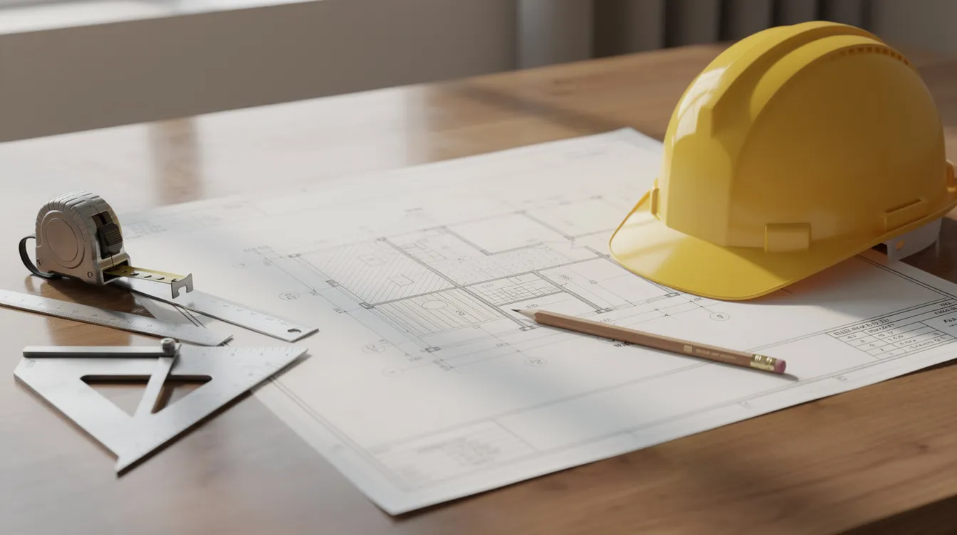 The image depicts construction blueprints laid out on a table, accompanied by a hardhat and various measuring tools, highlighting essential elements of a construction project. This scene emphasizes the importance of proper planning and documentation in managing construction contracts and avoiding disputes in the construction industry.