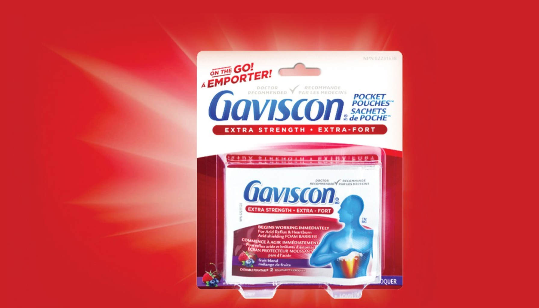 "Gaviscon Extra Strength lommesachets mot halsbrann og sure oppstøt, pakket for enkel bruk på farten."