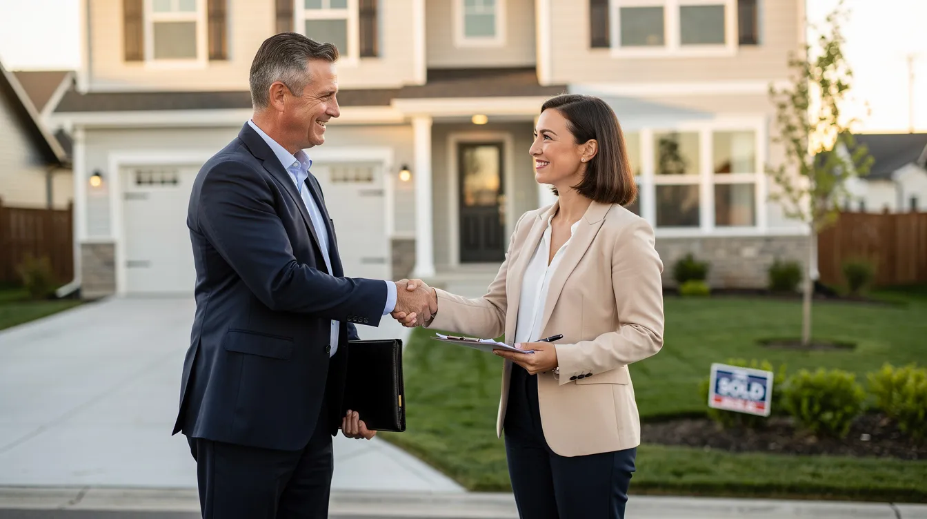 The image depicts two real estate investors shaking hands in front of a residential property, symbolizing a successful deal in competitive real estate markets. This moment reflects the importance of gap financing and bridge loans in securing necessary funds for investment properties.