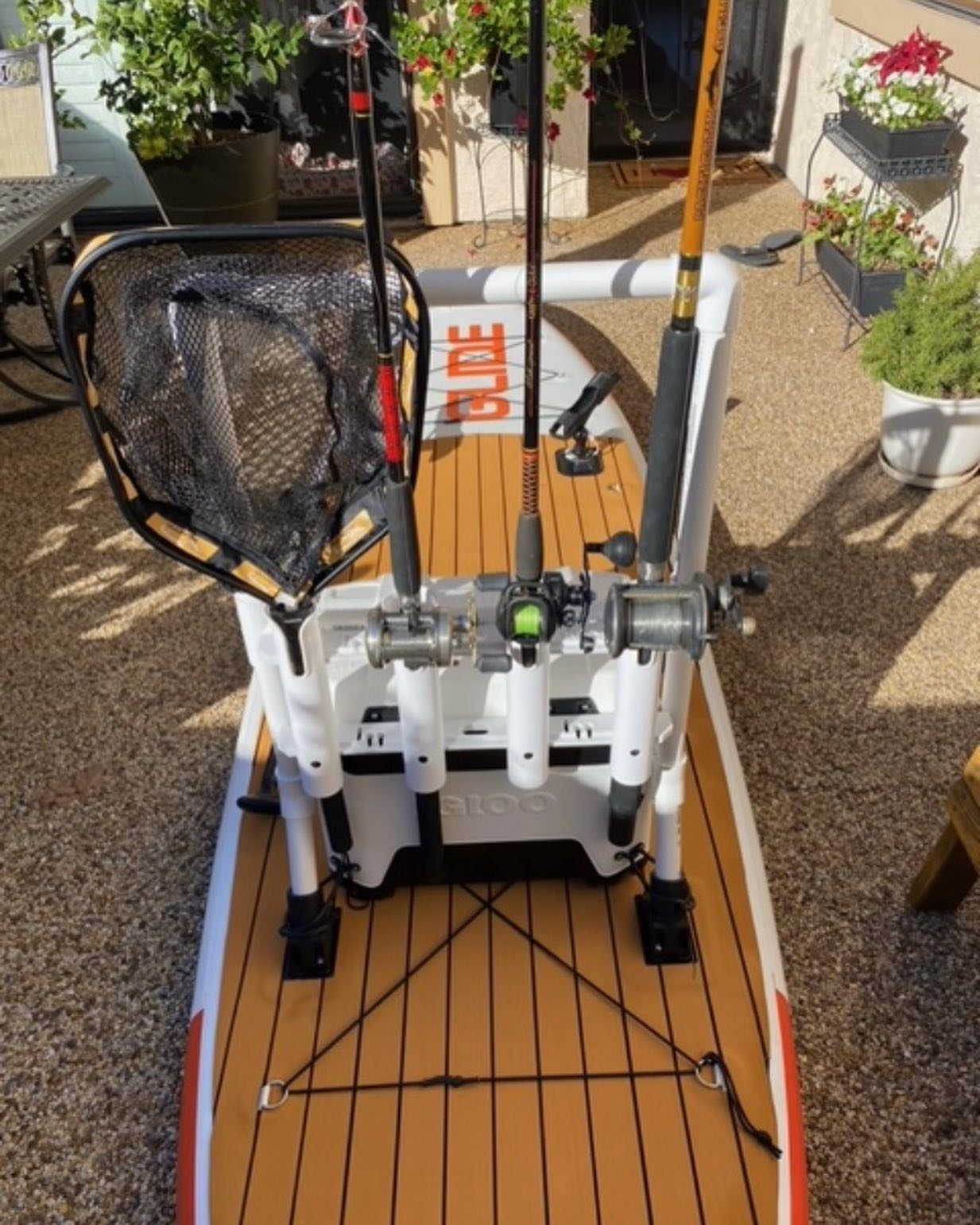 board volume for fishing rod holders and electric pump powered by a car battery