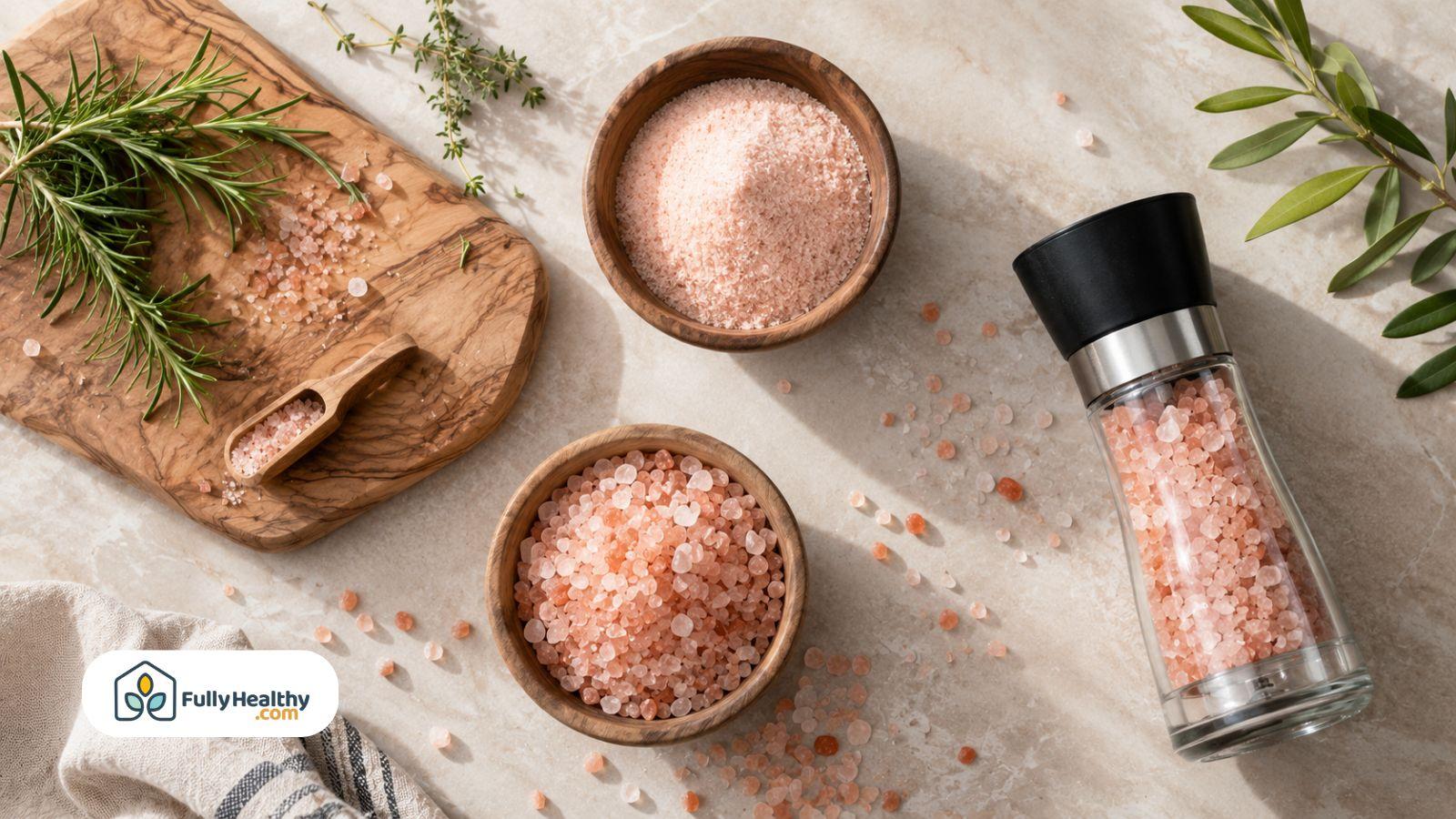 Bowls and grinder filled with Himalayan pink salt on stone countertop