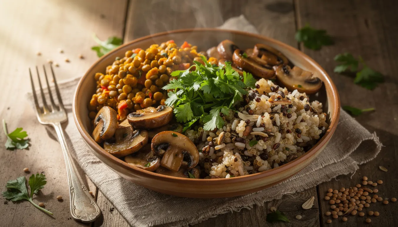 The image features a vibrant and nutritious meal bowl filled with lentils, fresh parsley, mushrooms, and whole grains, beautifully arranged on a rustic table setting. This colorful dish not only promotes overall health and well-being but also supports healthy aging and cellular health through its rich ingredients, offering numerous health benefits for the human body.