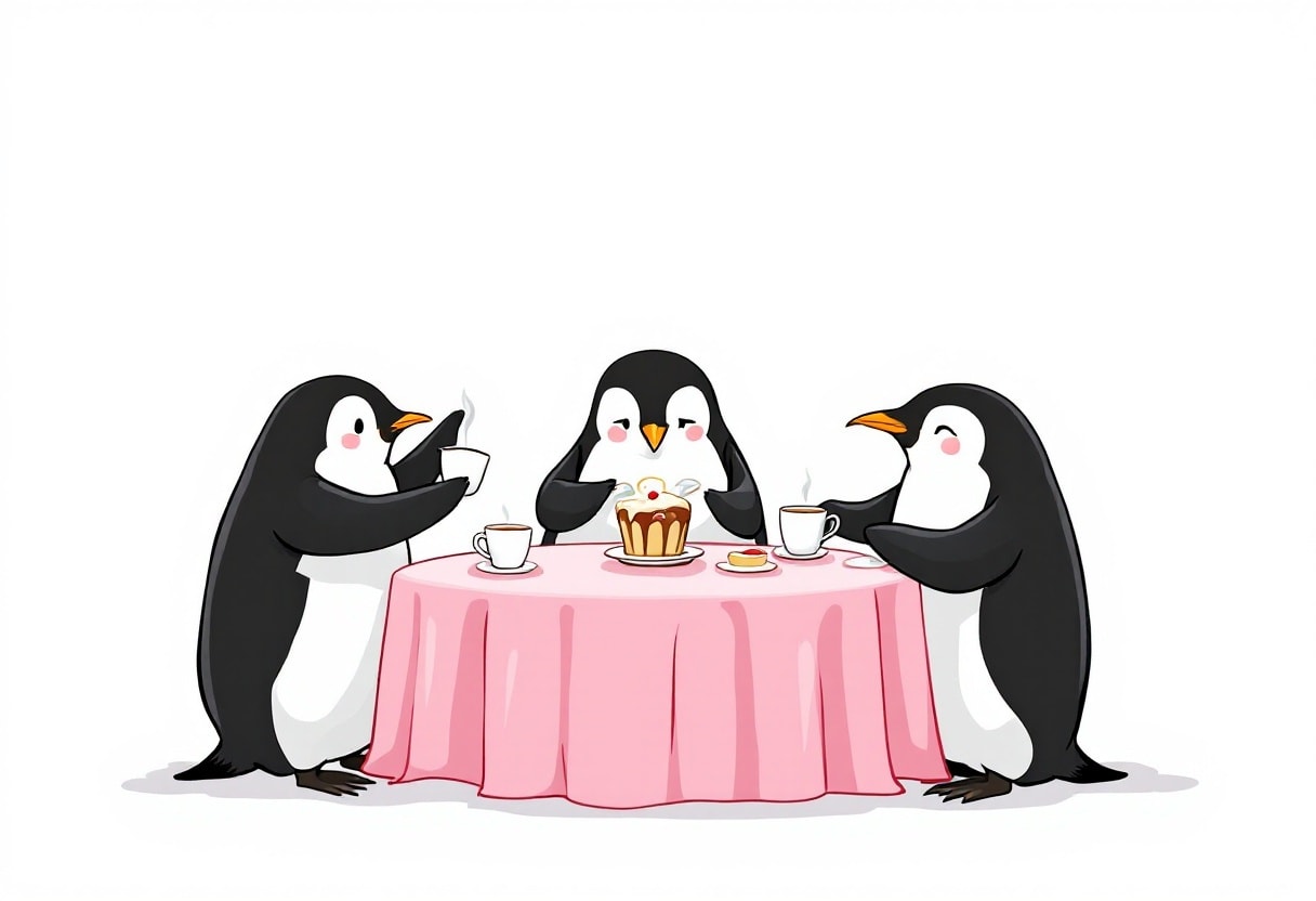 A group of penguins having a tea party.