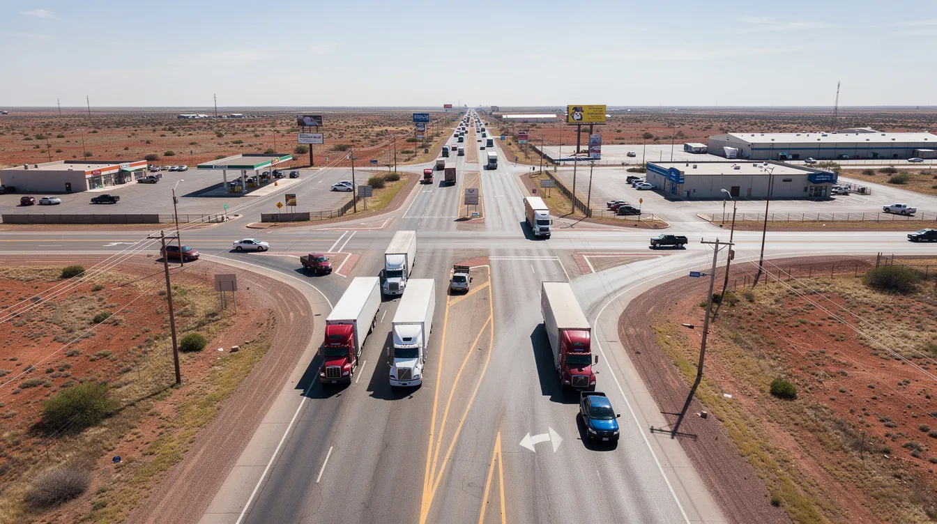 An aerial view captures a bustling West Texas intersection filled with multiple lanes of traffic, including several commercial trucks, highlighting the busy nature of the area. This scene is reflective of the trucking industry’s role in Midland, where accidents involving large trucks can lead to serious injuries and necessitate the expertise of a Midland truck accident lawyer for victims seeking fair compensation.
