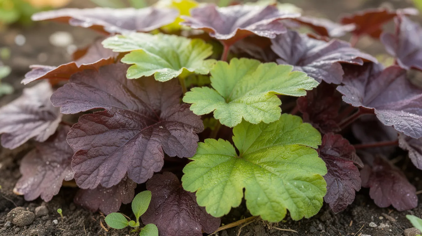 Kolorowe liście żurawek w odcieniach purpury, limonki i bordo