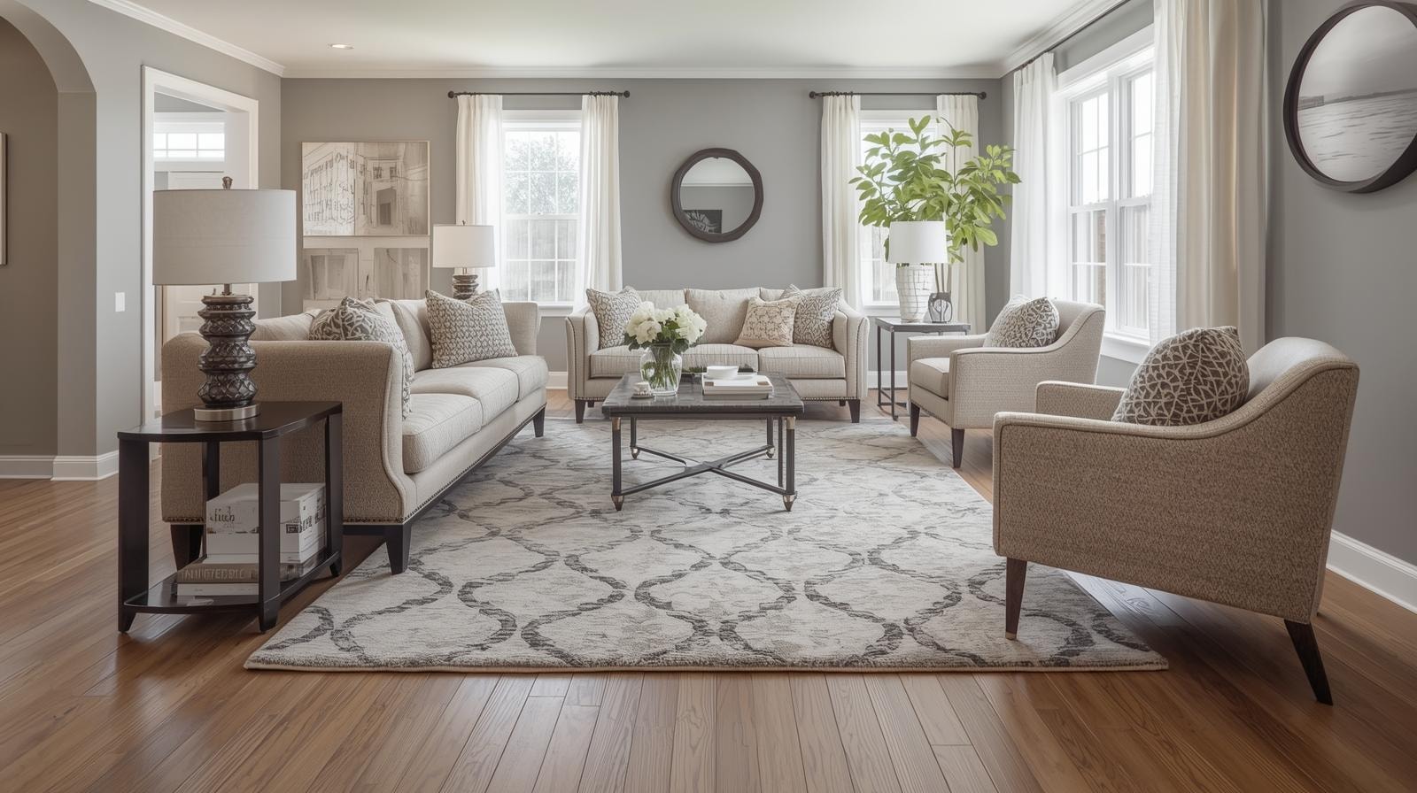 Medium sized living room with, light colored furniture, wooden accents and a patterned rug
